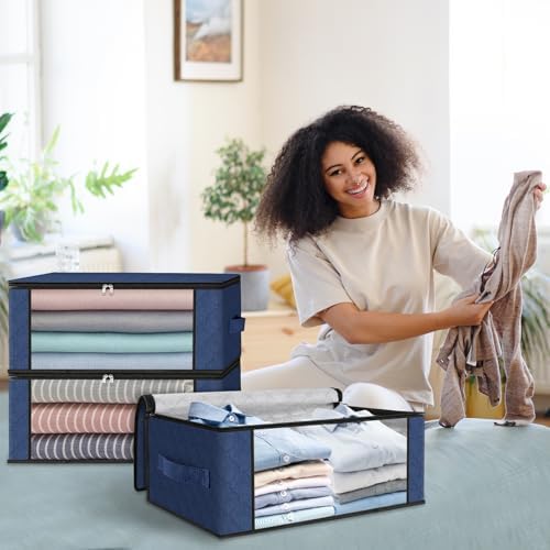 HomeHacks 4-Pack Clothes Organizer Storage Bags, 35L Storage Bins, Blue | Foldable Storage Box Container with Zippers, Clear Window, Reinforced Handles for Closet, Dorm, Pillows, Bedding, Sweater - Image 7