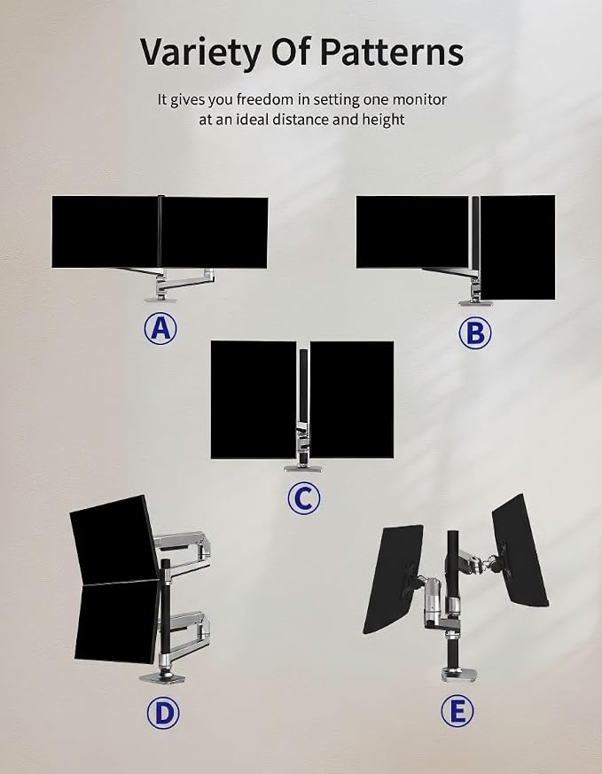 Ergounion Premium Dual Monitor Stand for Desk, High-Grade Aluminum Stacked Monitor Arm with Heavy-Duty Mechanical Spring, Adjustable Vertical Double Monitor Mount for 13-40 inch Screens, Silver - Image 5