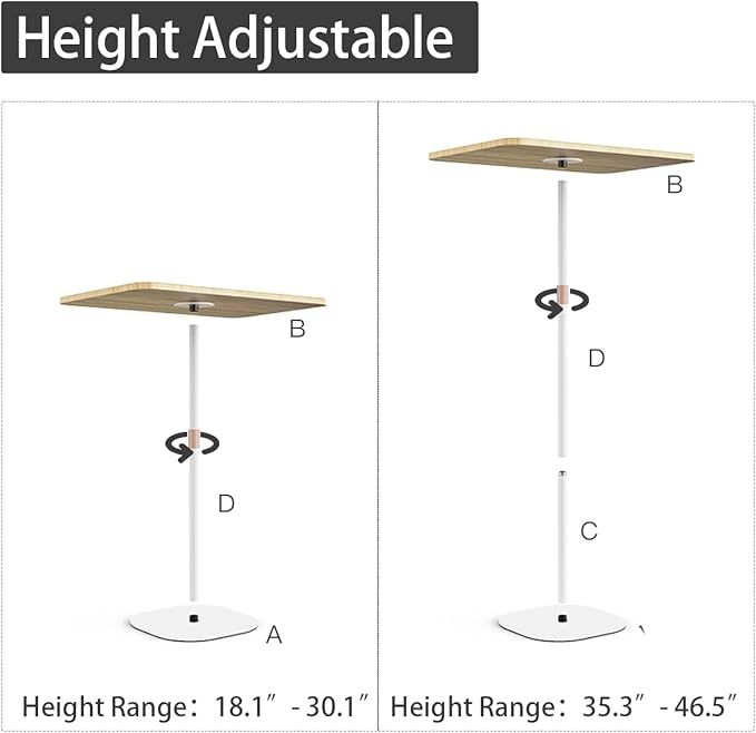 Small Laptop Standing Desk, 18“H - 46”H Adjustable Height Pedestal Side Table with Wooden Top, Portable Tall End Table, Stand-Up Desk for Bedside, Couch, Sofa, Living Room, Bedroom, Home Office, White - Image 3