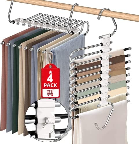 9 Layers Pants Hangers Space Saving Non-Slip Closet Organizer 4 Pack | Metal Space Saving Hangers Multi-Layer Multifunctional Rack Closet Organizers Storage for Skirts Jeans Trousers(Antiquewhite) by Besslly