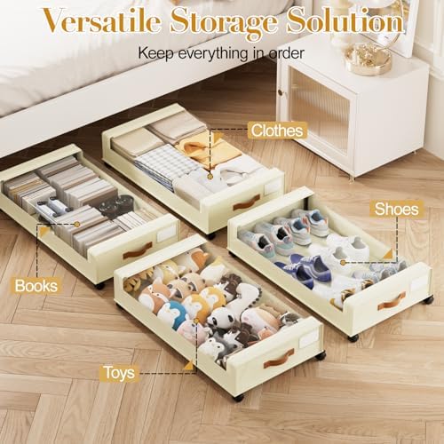 Yecaye 60L Under Bed Storage with Wheels, 4 Pack, Beige | 360° Rolling Wheels, Clear Lids & Label, Reinforced Handle, Rolling Metal Drawers for Clothes, Blankets, Shoes in Bedroom - Image 7