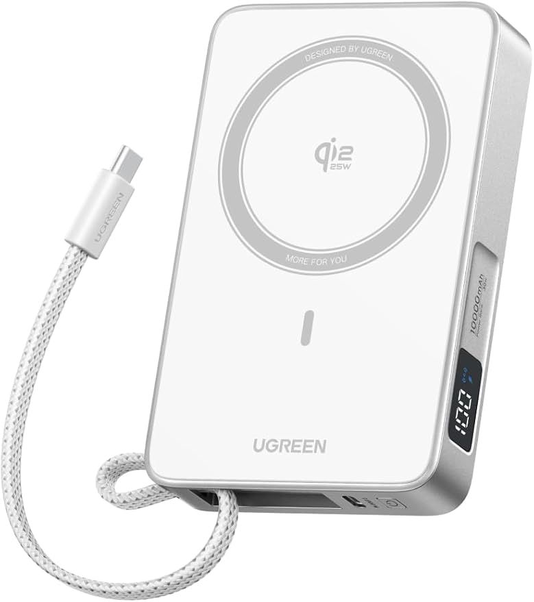 UGREEN MagFlow 10000mAh Qi2 25W Wireless Power Bank Built-in Cable | Qi2 25W wireless, built-in cable, 30W PD wired. MagSafe compatible. White for iPhone 17/12 by Unknown