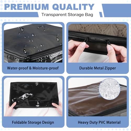 Clear Zippered Plastic Clothes Storage Bags, 6 Pack, Black | Clear Storage Bags with Zipper Plastic Storage Bags for Clothes Sweaters Blankets Sheets, Size: 12 x 12 x 12 Inch - Image 3