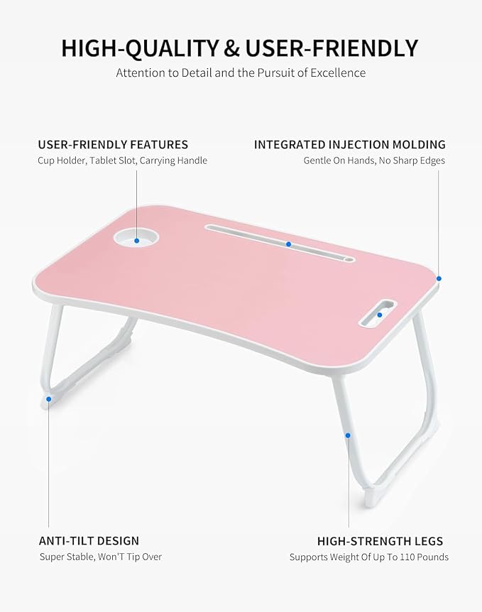 ZEAPTAC Laptop Bed Desk, Foldable Lap Desk, Portable Lap Table, Laptop Stand with Cup Holder, Tablet Slot & Lifting Handle for Work, Write, Draw & Eat on Bed, Sofa or Couch - Rose Pink - Image 6