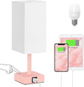 Touch Table Lamp for Bedroom - Dimmable, USB C+A, White Lamphade Pink Base | 3-Way Dimmable, 3000K LED Bulb Included, Square Lampshade, Cute Room Decor for Teen Girls, Kids, Small Lamp for Dorm, Nursery by Ambimall