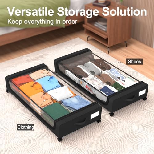 GoMaihe Under Bed Storage with Wheels 70L Black 2-Pack | Rolling Rangement Vetement sous le Lit - Containers for Clothes Shoes in Bedroom - Easy Pull-out - Image 6