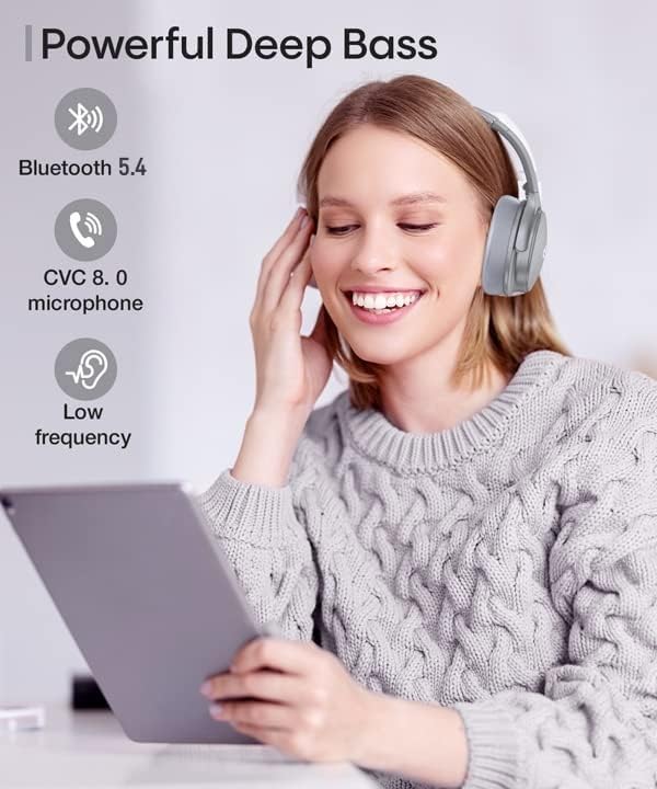 INFURTURE H1 Active Noise Cancelling Bluetooth Headphone Over Ear Deep Bass | Comfortable, Hi-Fi Stereo, 90H Playtime, Low Latency, Foldable Lightweight for Travel, Office, Sport Running - White - Image 4