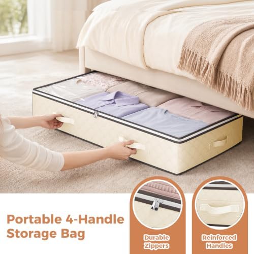Budding Joy 6 Pack 95L Under Bed Storage Containers Beige | Underbed Storage Bags for Blankets, Towels, Comforter, Sweaters, Linen Sheets, Wrapping Paper - Image 5