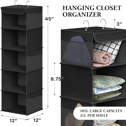 Simple Houseware 5 Shelf Hanging Closet Organizer, Black | 360° Rotating Dual Hooks, Top Support Metal Frame, 6 Side Mesh Pockets - Image 2