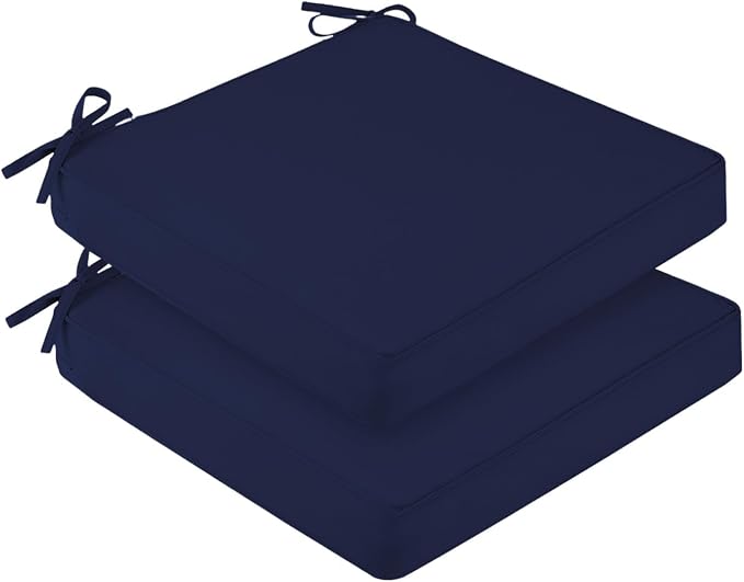 downluxe Waterproof Outdoor Chair Cushions for Patio Furniture, 22" x 22" x 3" Patio Chair Cushion with Adjustable Ties & Portable Handle, Square Outdoor Cushion with Removable Cover, Navy, 2 Pack by Downluxe