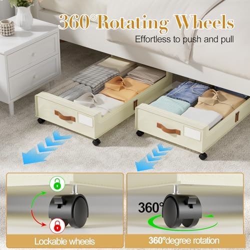 Yecaye 60L Under Bed Storage with Wheels, 2 Pack, Beige | 360° Rolling Wheels, Clear Lids & Label, Reinforced Handle, Rolling Metal Drawers for Clothes, Blankets, Shoes in Bedroom - Image 4