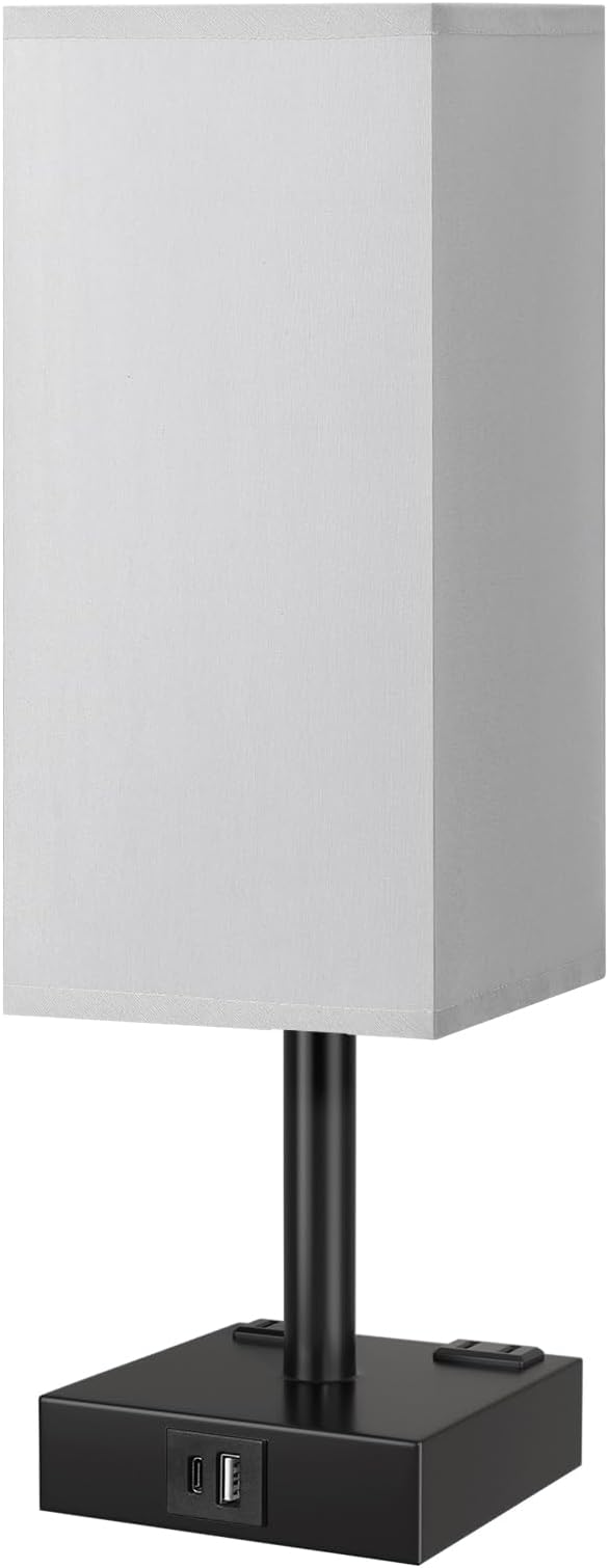 Grey Touch Table Lamp for Bedroom - Dimmable, USB C+A, 2 AC Outlets | 3-Way Dimming, 3000K Bulb Included, Square Grey Lampshade and Black Base, Desk Lamp for Nightstand, Living Room, Dorm - Image 8