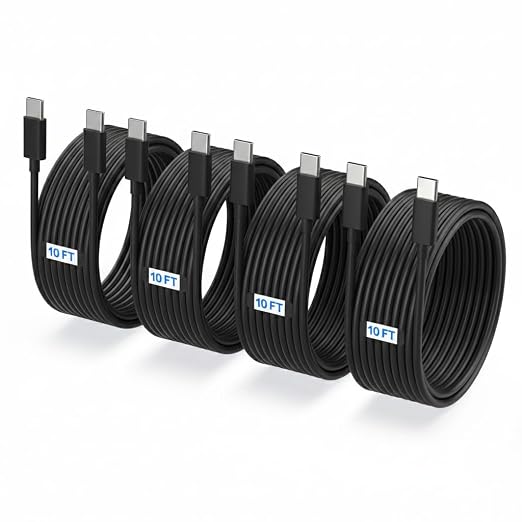 4-Pack 10ft USB-C to USB-C Fast Charging Cables Cord (100W/5A) - Black | Durable Cord Compatible with Samsung Galaxy S26, S25, S24, S23 & iPhone 17, 16, 15 Extra Long for Home, Office, & Travel by TZBAY