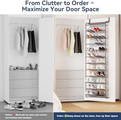 Whitmor 36 Pair Over the Door Shoe Rack,12 Tier Hanging Shoe Organizer with Metal Frame & Mesh Shelves, Heavy Duty Shoe Storage Holder for Door, 74" H x 21.7" W x 7.5" D, Matt Gunmetal - Image 6