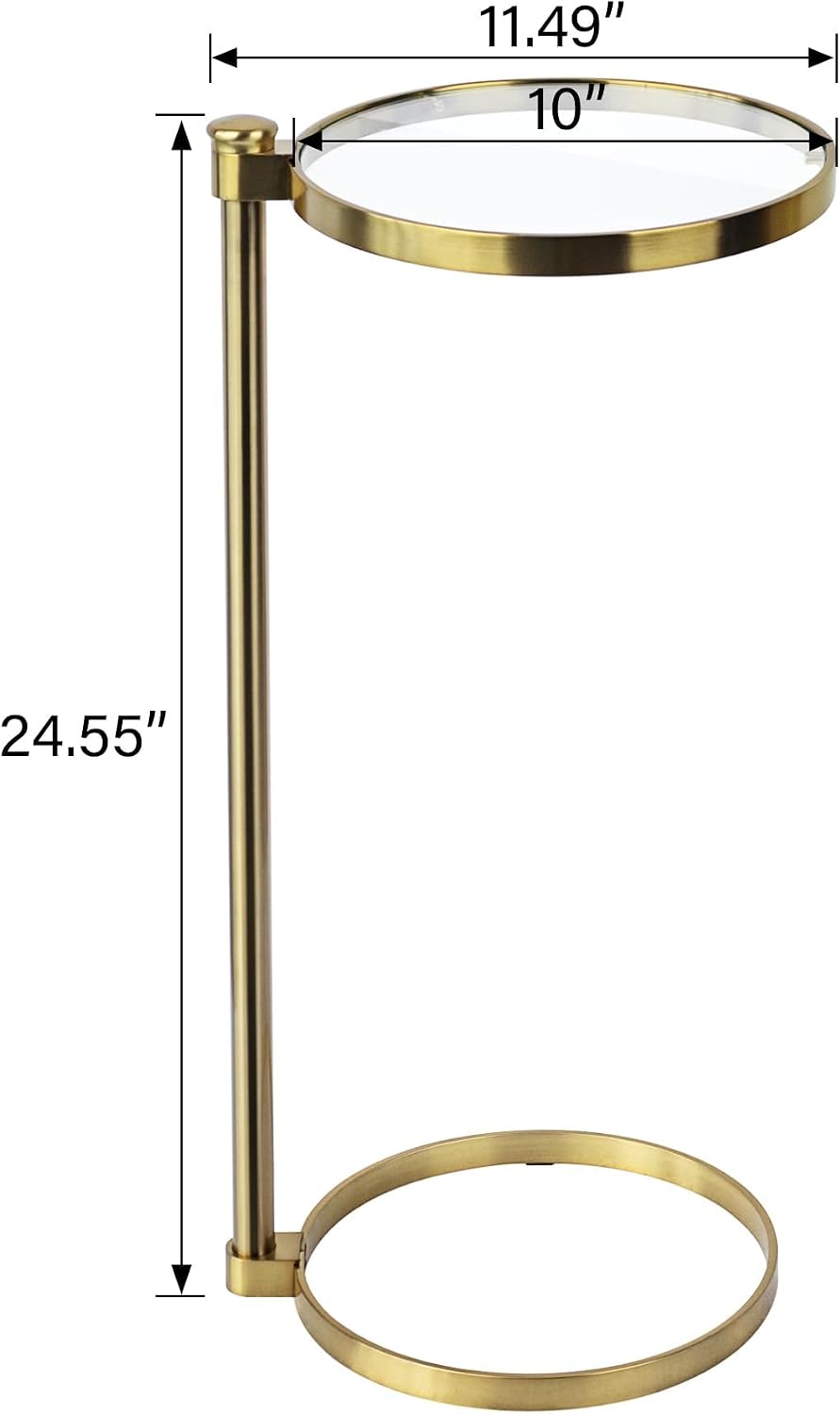 TEHOME Gold Glass Drink Table Metal Martini Round Small Drink Side Table for Couch Tempered Glass C Shaped End Table for Sofa 10" diam,24.55" h - Image 2