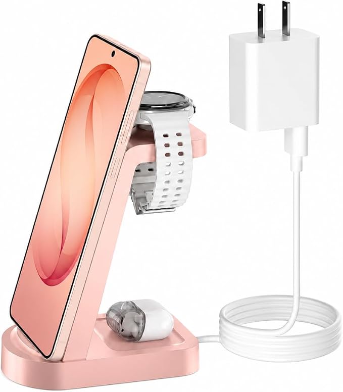 Wireless Charger for Samsung/Android, HOLYJOY 3 in 1 Fast Charging Station/Stand/Multi Charger for Samsung S26 Ultra/S25/Note 20, Travel Pad for Galaxy Watch 8/7/6/5/Active 2, for Buds(Pink) by Holyjoy