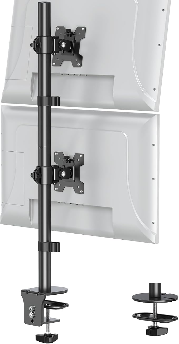Vertical Dual Monitor Stand for Max 32 "Computer Screen | Holds up to 17.6 lbs Each Stacked Monitor Mount Height Adjustable, Swivel, Tilt Monitor Desk Mount, VESA 75/100 by ERGOFOCUS
