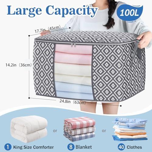 100L 6 Pack Storage Bags, Foldable Clothes Bins with Clear Window, Gray | Blanket Storage Containers with Reinforced Handles for Bedding, Comforters, Clothing, Quilts and Closet Organization - Image 2
