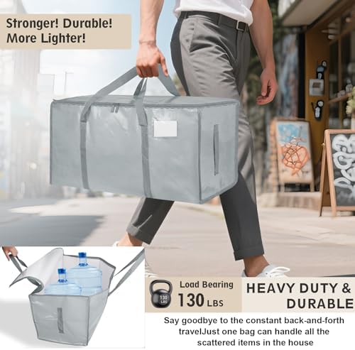 6 Pack-Extra Large Heavy Duty Moving Bags - Waterproof Storage Totes with Handles & Zippers, Foldable for College Dorm, Storage (light gray) - Image 3