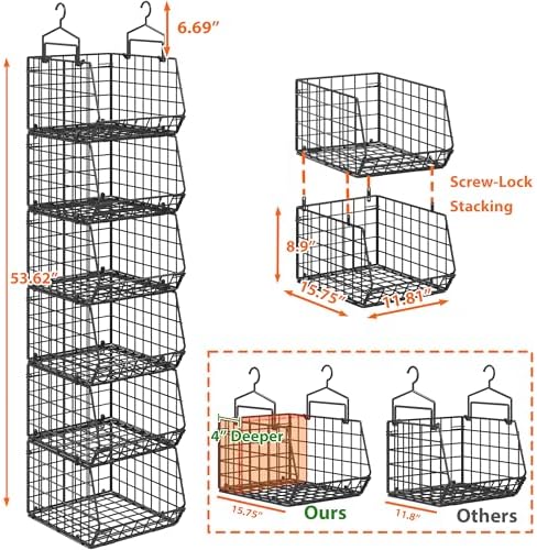 6-Tier Extended Depth Hanging Closet Organizers and Storage for Closet Organization, Stackable Hanging Shelves with Hooks for Clothes Sweaters Towels Purses, Fits Closet Shelves & Wire Metal Shelving - Image 3