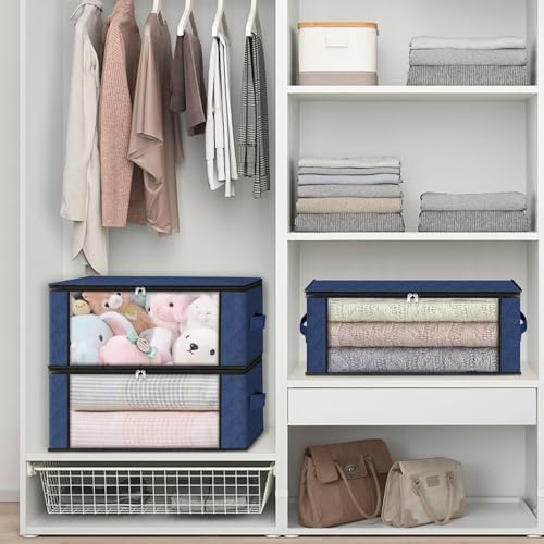HomeHacks 4-Pack Clothes Organizer Storage Bags, 35L Storage Bins, Blue | Foldable Storage Box Container with Zippers, Clear Window, Reinforced Handles for Closet, Dorm, Pillows, Bedding, Sweater - Image 6