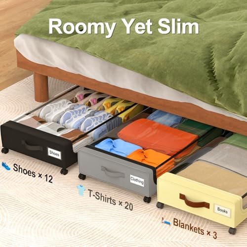 GoMaihe Under Bed Storage with Wheels 48L Beige 4-Pack | Underbed Storage Containers with Lids Rolling Bins for Shoes Clothes in Dorm Bedroom - Metal Drawers Easy Pull-out - Image 5