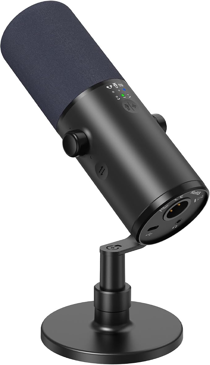 TONOR Dynamic Podcast Microphone for Studio, Cardioid XLR/USB Mic, AI Noise Cancellation, Tap Mute, 3.5mm Headphone Jack for Monitoring, Volume Control, Microfono with Desktop Stand, Black, TD510 AIR by TONOR
