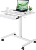 CLATINA Mobile Laptop Standing Desk, Height Adjustable Teacher Podium with Lockable Wheels, Adjustable Work Table with Drawer, Computer Cart Overbed Table for Home Office Classroom, White by CLATINA