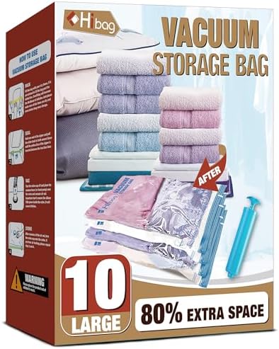 Vacuum Storage Bags, 10 Large Vacuum Seal Bags for Clothing | Extra Large XL, Airtight Triple Seal, Save 80% Space, Hand Pump, Work with Vacuum, Double Zip, Reusable, Easy to Use by HIBAG