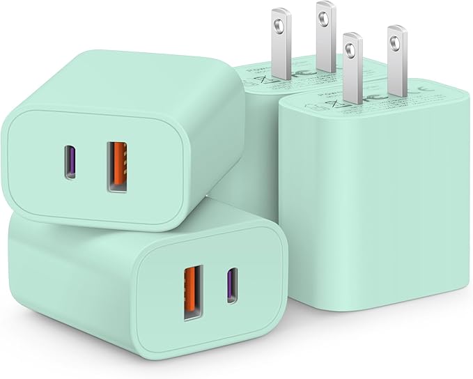 [4 Pack] USB C Charger Block Fast Charging Multiport Adpater [PD 20W USB-C & QC 3.0 USB-A Port] for iPhone 17/16/15/14/13/12/11/X/8, iPad, Galaxy, Google & More [Green] by CXX