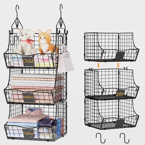 Hanging Closet Organizers and Storage, 3 Tier Closet Shelf Clothes Organizer with 2 S-Hooks, Multi-Functional Iron Wire Baskets, for Clothing, Sweaters, Handbags, Hat, Canned by Unknown