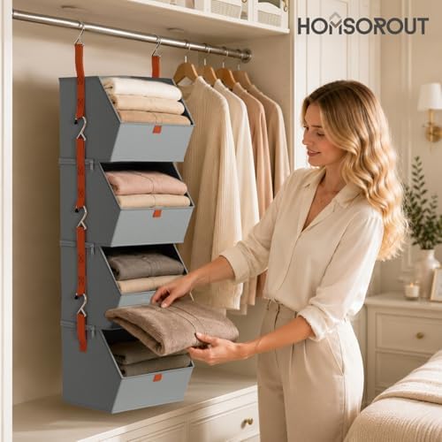 Homsorout Hanging Closet Organizer 4 Tier - Clothes Hanging Shelves, Space-Saving Closet System, Fabric Storage Bins Bedroom Organization, Collapsible Baskets for Home, Dorm, Rv, Grey, 8 Pack - Image 5