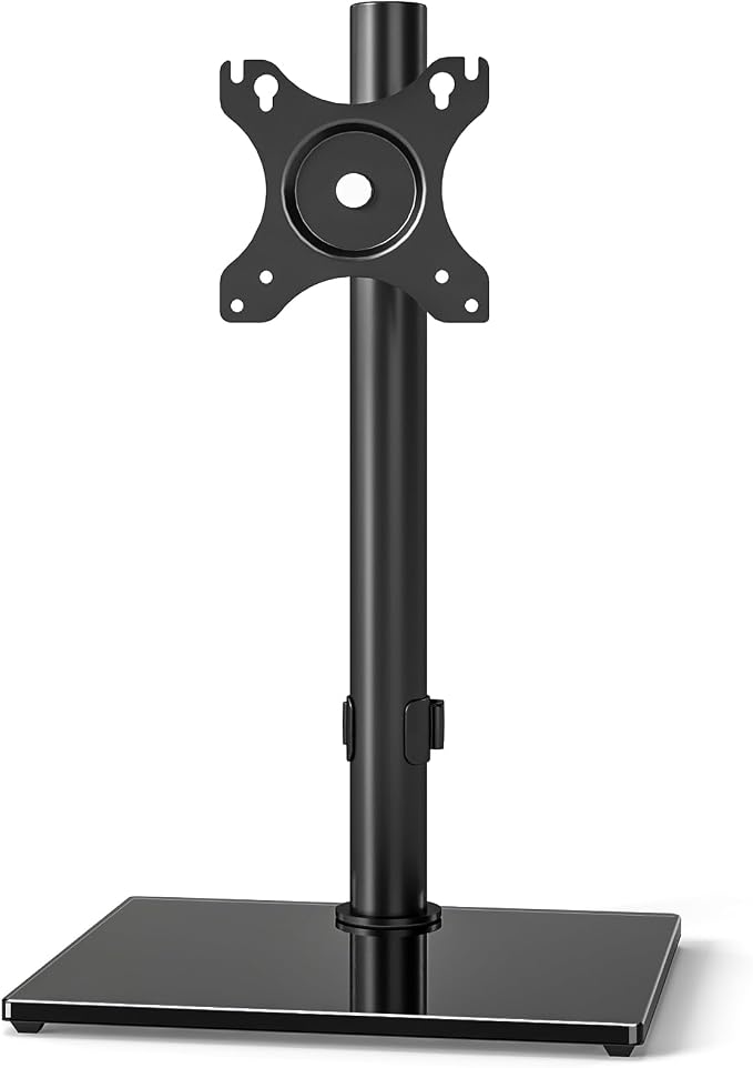 5Rcom Single Monitor Freestanding Stand, Holds Screens 17-35 Inch Regular and Ultrawide, Square Tempered Glass VESA Mount Base, Adjustable Height, Tilt, Swivel, Rotation, Black by 5Rcom