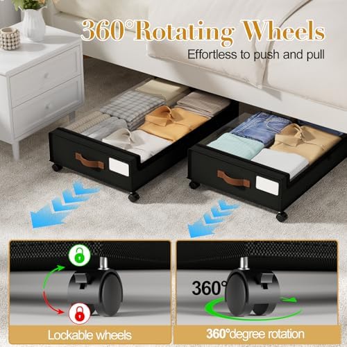 Yecaye 60L Under Bed Storage with Wheels, 2 Pack, Black | 360° Rolling Wheels, Clear Lids & Label, Reinforced Handle, Rolling Metal Drawers for Clothes, Blankets, Shoes in Bedroom - Image 4