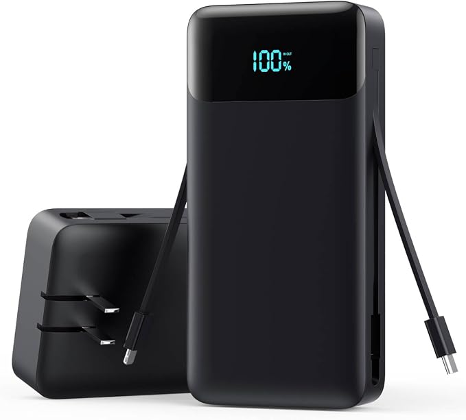 YHO Portable Charger with Built-in AC Plug and Cables,40800mAh All in One USB C Fast Charging Power Bank,Travel Essentials Portable Phone Charger Battery Pack for iPhone 17/16/15/14/13,Galaxy- Black by YHO