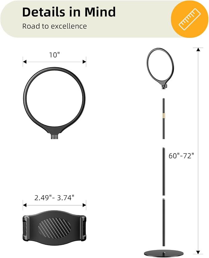 10.5" Ring Light with Stand and Phone Holder - 69" Tripod for iPhone with Light, Professional Led Ringlight for Video Recording/Make up/Streaming, Full Screen Light Ring for YouTube, Tiktok (Black) | with Light Professional Led Full Screen Ringlight fo... - Image 7