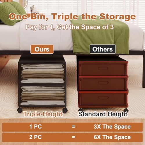 Fokyfok 2Pack Under Bed Storage Containers,16 inch Height,31 inch Long | Under Bed Shoe Storage,Underbed Storage with Wheels,Large Rolling under bed Clothes Storage Drawers,Lid,Dorm Tall,Black - Image 2