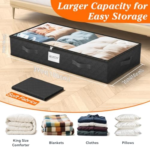 90L Under Bed Storage Containers, Storage Bags, Organizers, 2-Pack, Black | Foldable, Soft Fabric, Closet Organizers, Reinforced Handle, Label Holder, Clear Window, for Comforters, Clothing, Blankets - Image 2