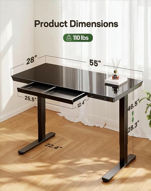 Marsail Glass Standing Desk with Drawer,55 x 28 inch Electric Standing Desk, Sit Stand Desk with One-Piece Tabletop & USB Charging Ports, Height Adjustable Desk with Storage for Home & Office Black | Storage Drawer, One-Piece Tabletop, USB Charging Por... - Image 3