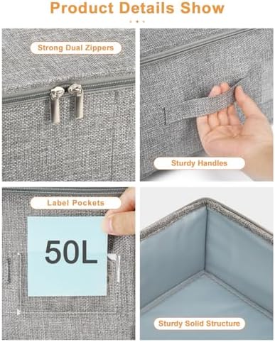punemi 6.7 in High Under Bed Storage Containers with Zipper Lid, 3Pack,Grey | Clothes Storage Bags with 3 Handles & Zippered Lids, Stackable Design, for Clothes, Blankets & Shoes, Ideal for Closet - Image 6