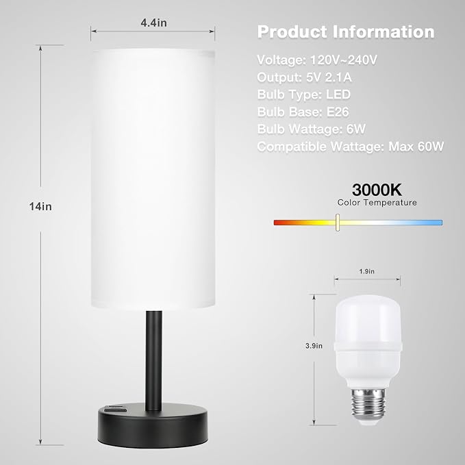 White Touch Table Lamp for Bedroom - Dimmable Bedside Desk Lamp for Kid | USB A+C Ports, 3-Way Dimmable, LED Bulb Included, White Fabric Lampshade, Matt Black Metal Base, Compact 14" Night Stand Lamp - Image 7
