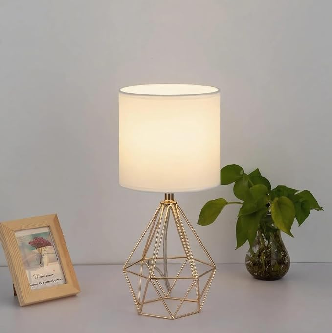 Gold Small Table Lamp Set of 2, Modern Bedside Nightstand Lamps with Geometric Metal Base White Fabric Shade, Cute Desk Lamp for Living Room Bedroom - Image 6