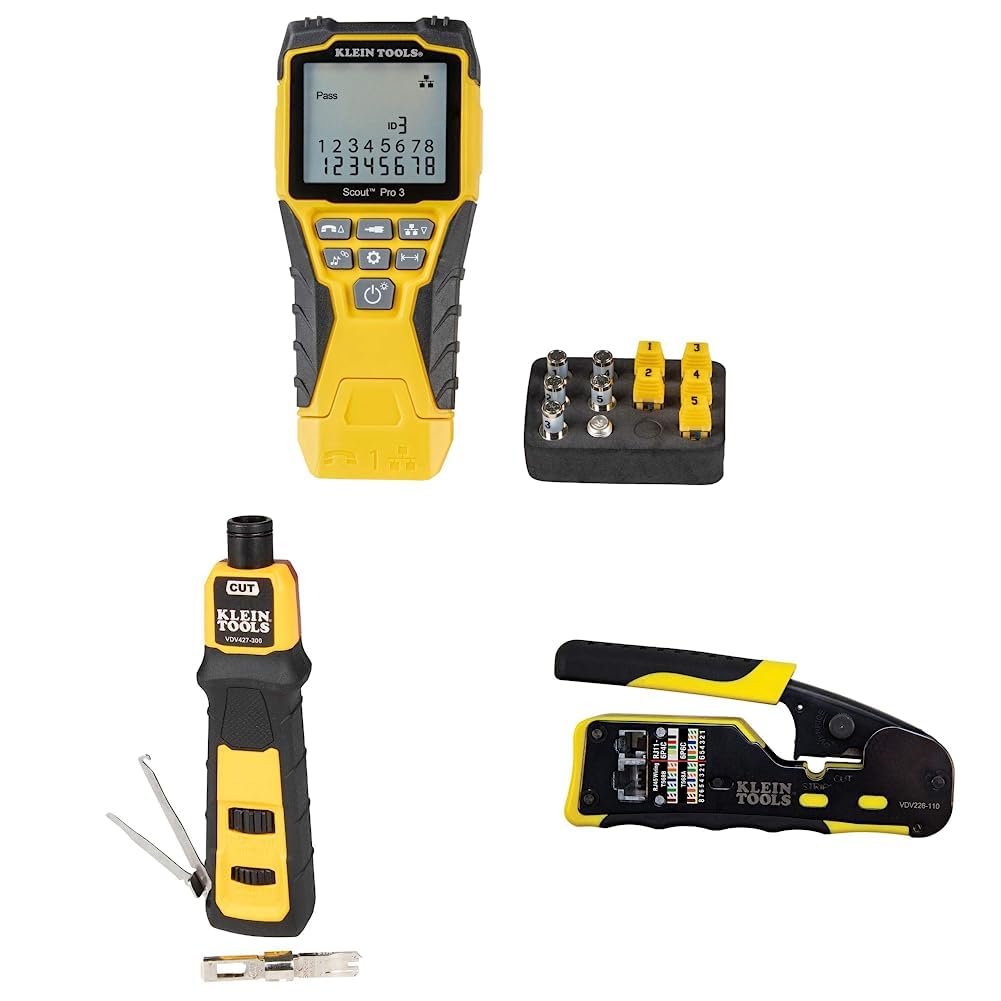Klein Tools VDV501-851 Cable Tester Kit & Impact Punchdown Tool with 66/110 Blade & Klein Tools VDV226-110 Ratcheting Modular Data Cable Crimper/Wire Stripper/Wire Cutter by Klein Tools