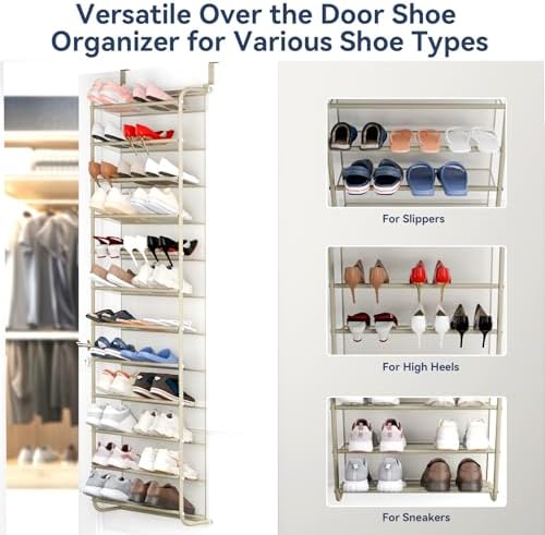 Whitmor 36 Pair Over the Door Shoe Rack,12 Tier Hanging Shoe Organizer with Metal Frame & Mesh Shelves, Heavy Duty Shoe Storage Holder for Door, No Drill Installation, 74" H x 21.7" W x 7.5" D, Oat - Image 4
