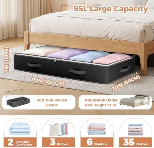 Budding Joy 95L Under Bed Storage, 4 Pack Closet Organizers Black | Underbed Storage Bags for Blankets, Towels, Comforter, Sweaters, Linen Sheets, Wrapping Paper - Image 3