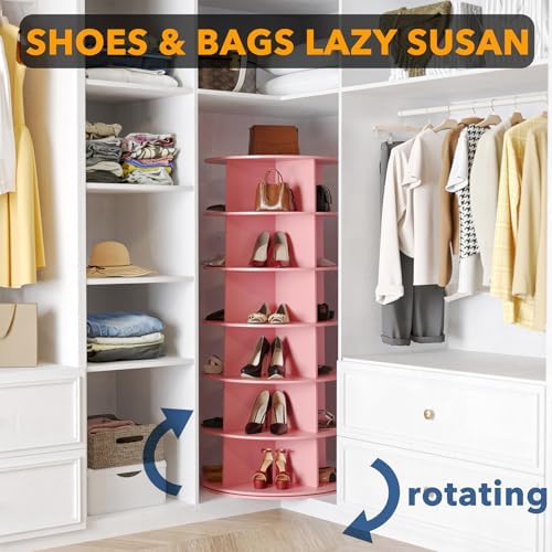 SpaceAid 6 Tier Rotating Shoe Rack Tower, Spinning Shoe Display Lazy Susan, Revolving 360 Shoe Rack Storage Round Carousel, Vertical Handbag Rotate Shoes Closet Organization (6-Tier Pink) - Image 4