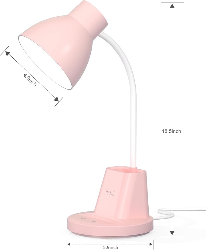 10W Wireless Charging LED Desk Lamp with Pen Holder, CRI 95, Pink | 800LM, 3 Modes, 360°Flexible Arm, Touch, Brightness, Table Lamp for Home Office, Dorm, Bedside, Study, Reading, with Adapter - Image 9