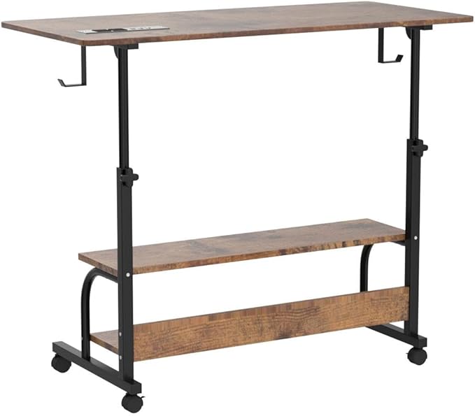 39" Rolling Standing Desk with Charging Station for Couch Bed | Height Adjust 27.5-41", 2 AC/3 USB, Mobile 4 Lockable Wheels, 2-tier Shelves Hook, Safe Corner Fast Assembly - Image 6