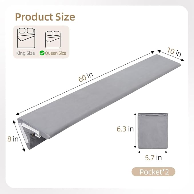 Vekkia Bed Wedge Pillow for Headboard Gap, Queen 60"x10"x8" with Pockets | Bed Gap filler,Two Angles&Heights, Pressure Lock Design Keeps in Place, High-Density Foam Fills Gaps (0-5.5"), Washable Cover - Image 2