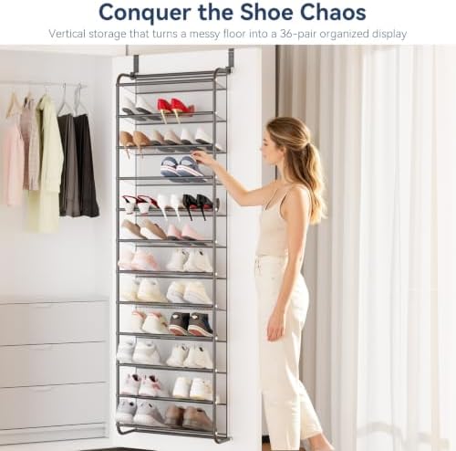 Whitmor 36 Pair Over the Door Shoe Rack,12 Tier Hanging Shoe Organizer with Metal Frame & Mesh Shelves, Heavy Duty Shoe Storage Holder for Door, 74" H x 21.7" W x 7.5" D, Gunmetal Gray - Image 3